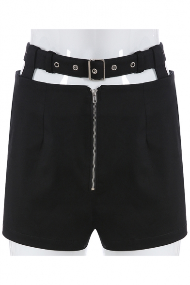 Girls Summer Cool Street Fashion Hollow Out Waist Plain Black Zipper Shorts