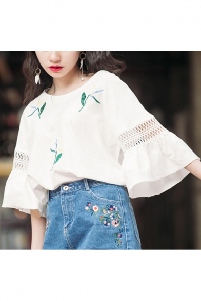 Girls Summer Fashion Hollow Out Sleeve Simple Leaf Printed Round Neck White Oversized Tee