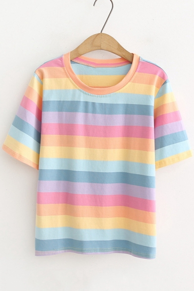 Girls Summer Popular Rainbow Striped Print Round Neck Short Sleeve Tee with Bag
