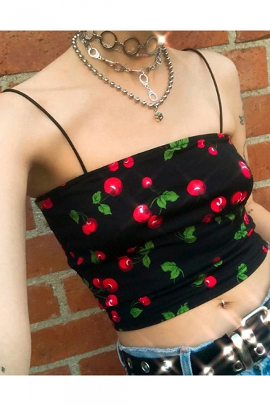 Girls Summer Trendy Sweet Allover Cherry Printed Slim Crop Cami Top