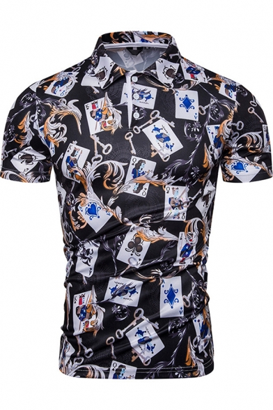 Guys Cool Unique Poker Card Pattern Short Sleeve Black Slim Fit Polo Shirt