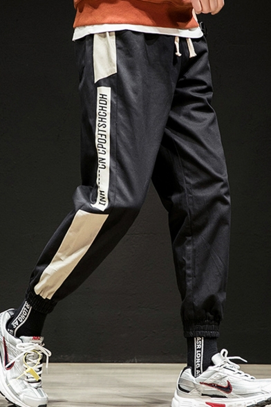 Guys Trendy Colorblock Letter Printed Drawstring Waist Elastic Casual Cotton Tapered Pants