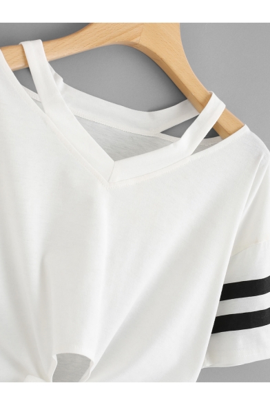 Hollow Out V-Neck Stripe Short Sleeve Bow-Tied Hem Cropped T-Shirt