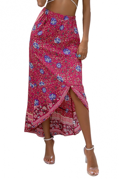 Hot Fashion Boho Style Floral Print Split Front Maxi A-Line Asymmetric Skirt