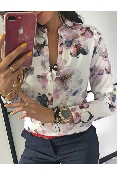 Hot Popular Vintage White Floral Printed Stand Collar Long Sleeve Button Down Shirt Blouse