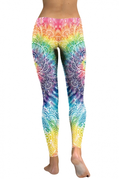 Hot Stylish Chic Elastic Waist Rainbow Color Datura Floral Printed Slim Fit Legging Pants