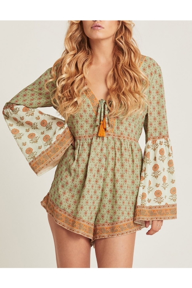 Hot Trendy Green Sunflower Printed Tie-Front Flare Sleeve Holiday Rompers