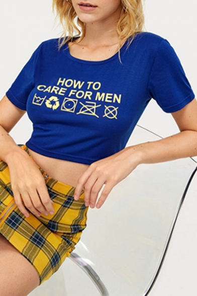 HOW TO CARE FOR MEN Letter Blue Scoop Neck Short Sleeve Sweet Crop Tee