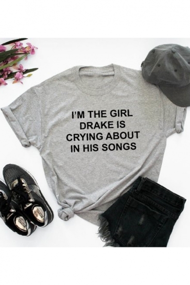 I'M THE GIRL Street Letter Print Grey Short Sleeve Casual Tee