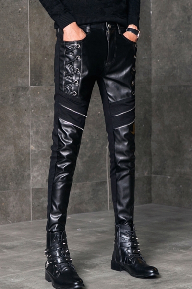 Men's Cool Fashion Solid Color Crisscross Side Zipper Embellished Black Leather Casual Pants