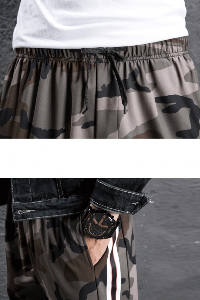 Men's Fashion Popular Camouflage Printed Letter GOOD Striped Side Drawstring Waist Dark Green Casual Track Pants
