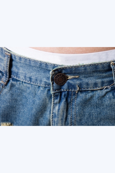 Men's Fashion Vintage Destroyed Ripped Detail Slim Fit Light Blue Denim Shorts