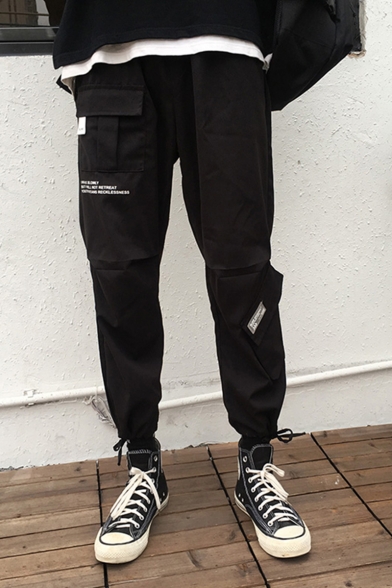Men's Hip Pop Style Letter Printed Multi-pocket Design Drawstring Cuffs Black Casual Cargo Pants