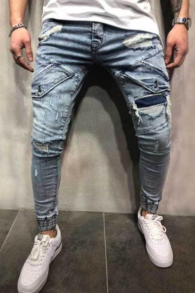 Men's Hot Fashion Plain Fake Pocket Embellished Light Blue Skinny Ripped Biker Jeans