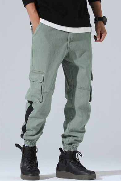 Men's New Fashion Colorblock Double Flap Pocket Side Elastic Cuff Casual Cotton Relaxed Cargo Pants
