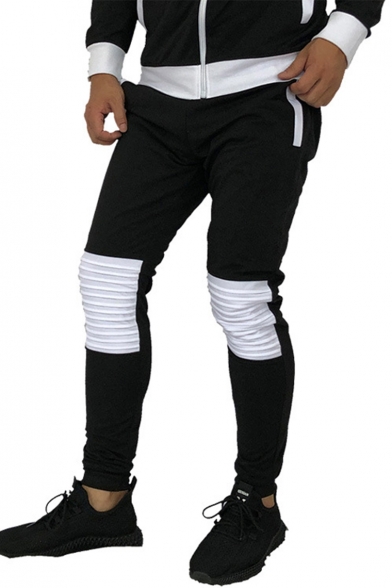 Men's New Fashion Colorblock Knee Pleated Casual Slim Fit Sports Sweatpants