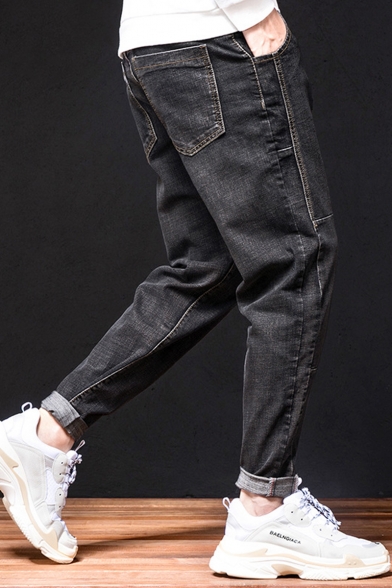 Men's New Fashion Letter Embroidery Detail Casual Loose Tapered Jeans