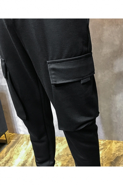 Men's New Fashion Letter Embroidery Pattern Double Flap Pocket Front Drawstring Waist Black Casual Sports Pants