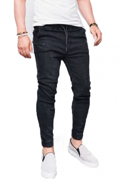 Men's New Fashion Simple Plain Ripped Detail Drawstring Waist Elastic Cuffs Jeans