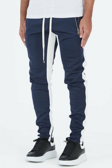 Men's New Stylish Colorblock Patched Zipped Pocket Drawstring Waist Casual Cotton Sweatpants Sports Pencil Pants