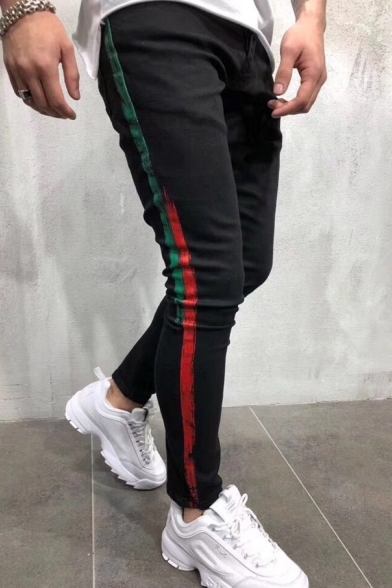 Men's New Stylish Colorblock Stripe Side Black Slim Fit Jeans