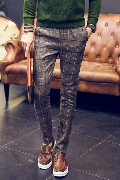 Men's New Stylish Plaid Pattern Slim Fitted Casual Dress Pants