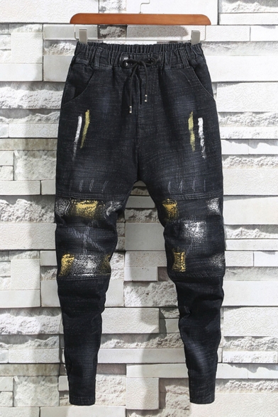 Men's New Stylish Printed Drawstring Waist Regular Fit Black Jeans