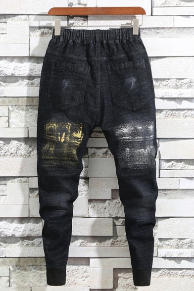 Men's New Stylish Printed Drawstring Waist Regular Fit Black Jeans