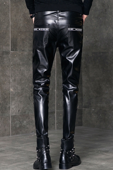 Men's Personalized Fashion Solid Color Letter Robbie Zip Embellished Black Leather Biker Pants