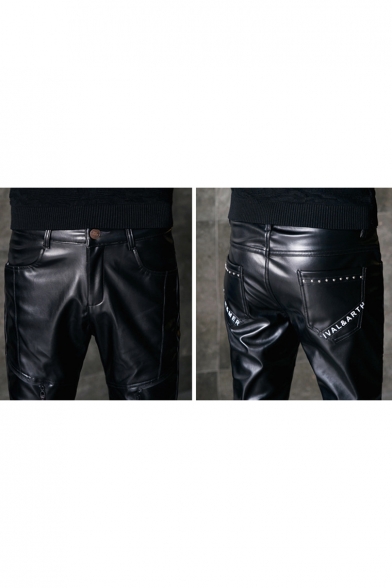 Men's Personalized Fashion Solid Color Rivet Zipper Embellished Black Leather Biker Pants
