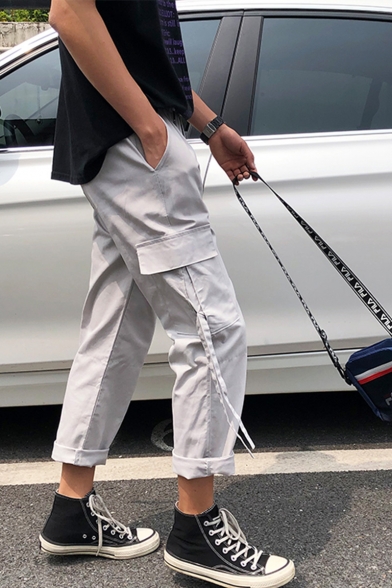 Men's Simple Fashion Solid Color Flap Pocket Side Ribbon Embellished Drawstring Cuffs Casual Cotton Cargo Pants
