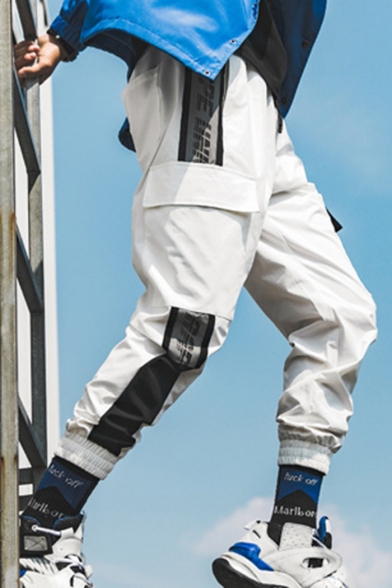 Men's Street Style Trendy Colorblock Tape Side Elastic Cuff Casual Sports Cargo Pants