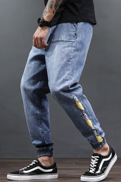 Men's Street Trendy Letter Stripe Printed Drawstring Waist Elastic Cuffs Multi-pocket Casual Loose Tapered Jeans