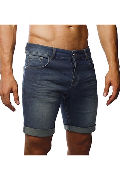 Men's Summer Fashion Vintage Washed Rolled Cuffs Blue Slim Fit Denim Shorts