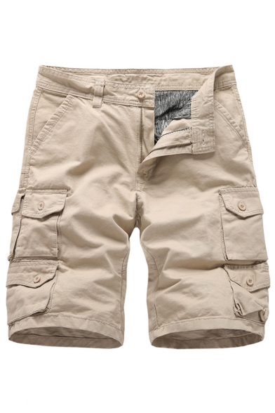 Men's Summer New Stylish Solid Color Button Embellished Multi-pocket Design Zip-fly Cotton Cargo Shorts