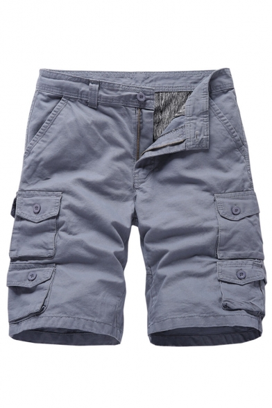 Men's Summer New Stylish Solid Color Button Embellished Multi-pocket Design Zip-fly Cotton Cargo Shorts