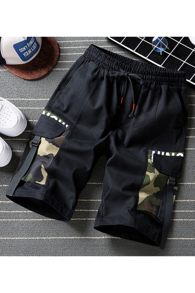 Men's Summer Trendy Camouflage Printed Buckle Strap Flap Pocket Drawstring Waist Casual Cotton Cargo Shorts