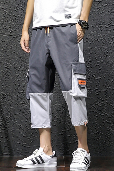 Men's Summer Trendy Colorblock Flap Pocket Side Drawstring Waist Casual Cropped Cargo Pants