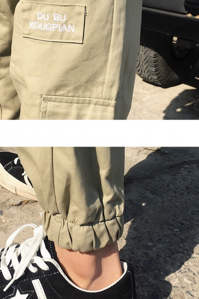 Men's Trendy Letter Printed Buckle Strap Embellished Multi-pocket Cargo Pants