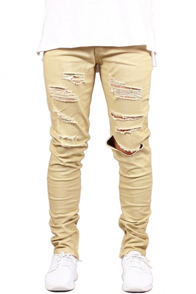 Men's Trendy Solid Color Cool Damage Knee Cut Zip Cuffs Ripped Slim Fit Jeans