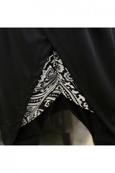 Men's Unique Printed Drop-Crotch Drawstring Waist Black Cropped Joggers Harem Pants