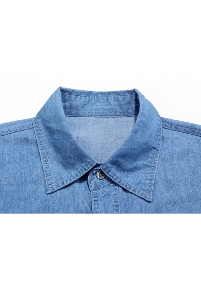 Mens Basic Simple Solid Color Short Sleeve Casual Loose Blue Denim Over Shirt