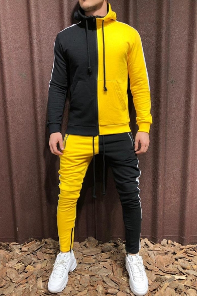 Mens Hot Popular Fashion Colorblock Two-Tone Slim Fit Zip Up Hoodie with Fitted Pants Two-Piece Set