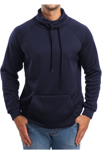Mens Stylish Drawstring Funnel High Neck Long Sleeve Plain Slim Fit Sport Pullover Sweatshirt