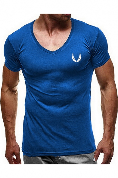 Mens Summer Fashion Simple Logo Printed V-Neck Short Sleeve Slim Fit T-Shirt