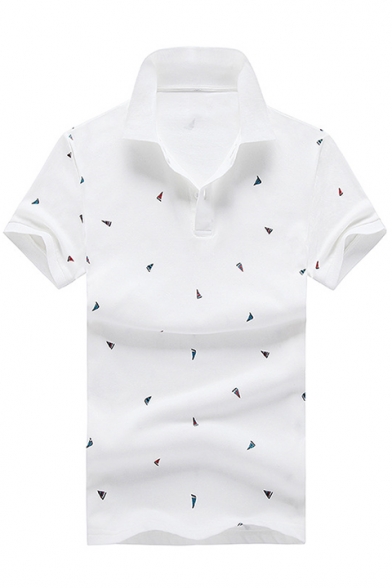 Mens Summer Trendy Allover Sailing Boat Print Short Sleeve Casual Polo Shirt