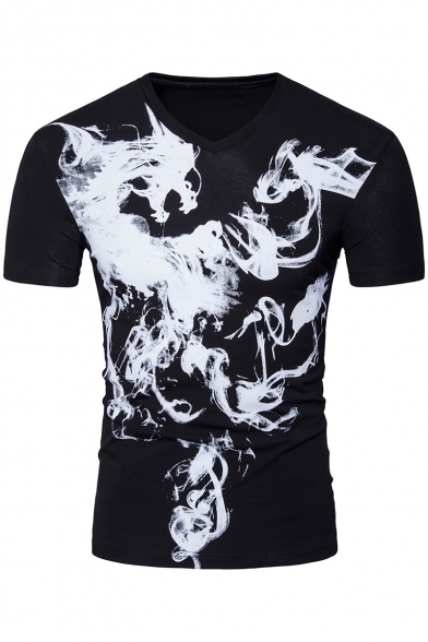 Mens Unique V-Neck Short Sleeve Smog Dragon Printed Black Slim Fit T-Shirt