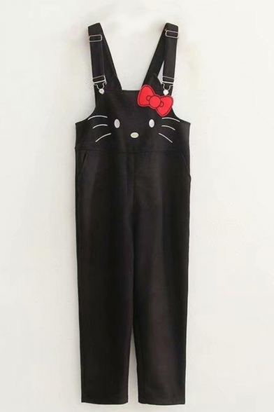 New Arrival Sweet Womens Plain Straps Sleeveless Cat Bow Printed Overall Jumpsuits