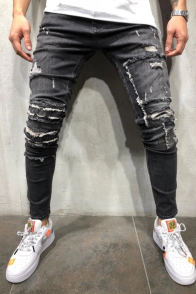 New Fashion Plain Hip Hop Style Knee Cut Men's Black Casual Ripped Skinny Jeans