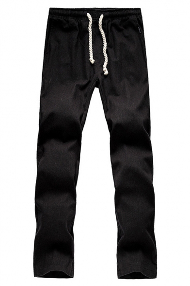 New Fashion Simple Plain Drawstring Waist Casual Linen Pants for Guys